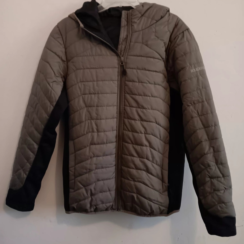 Boulder Gear Jacket, Women's Medium Puffer Hooded Full Zip Beige Black Gorpcore